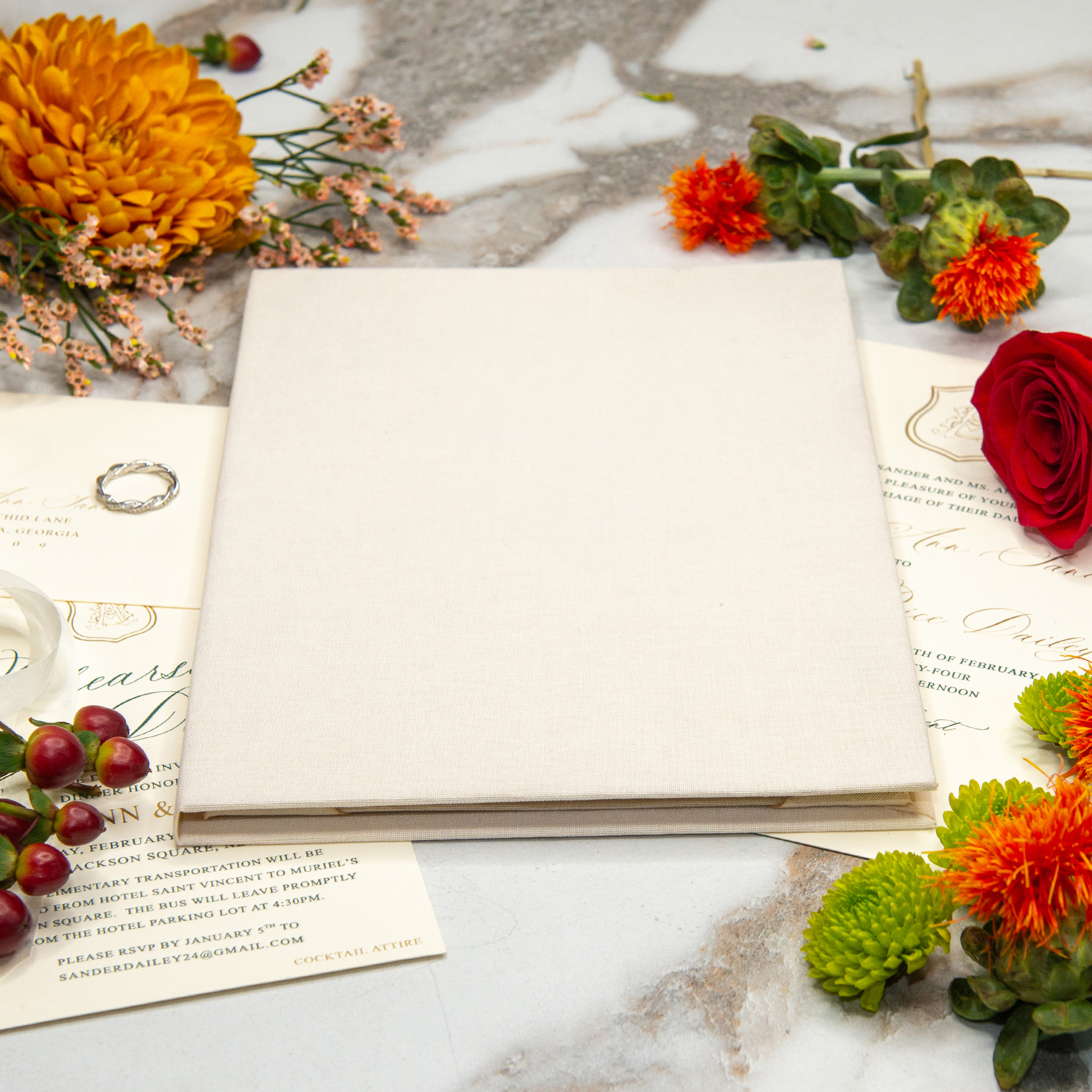 Linen Invitation Folio - Ivory | Custom Size and Corner Pockets | Foil Imprinting with Logo or Text