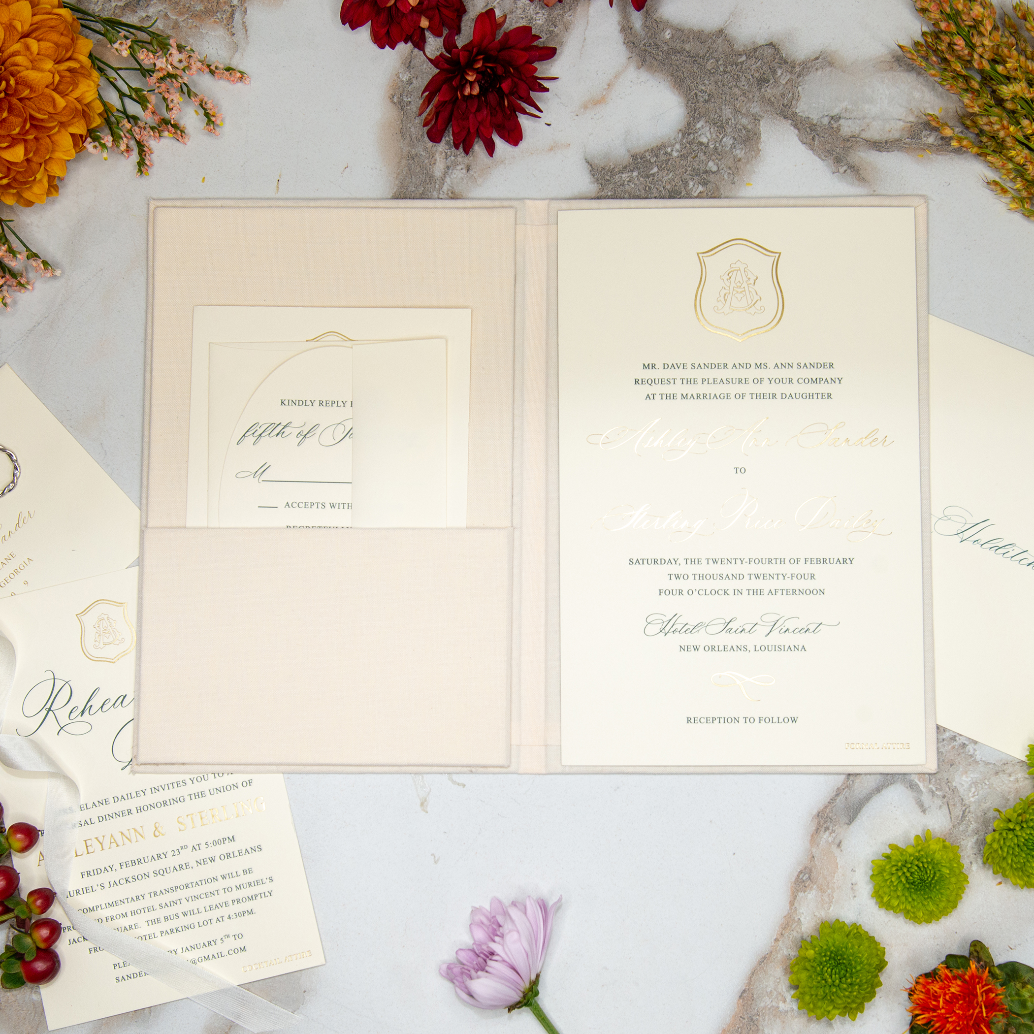 Linen Invitation Folio - Ivory | Custom Size and Corner Pockets | Foil Imprinting with Logo or Text