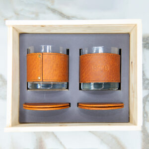 PERSONALIZED LEATHER WRAPPED ROCKS GLASS SET