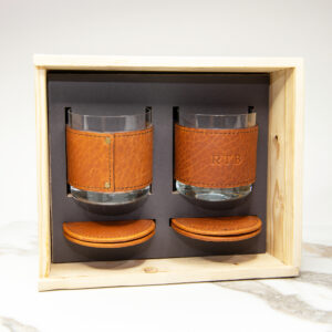 PERSONALIZED LEATHER WRAPPED ROCKS GLASS SET