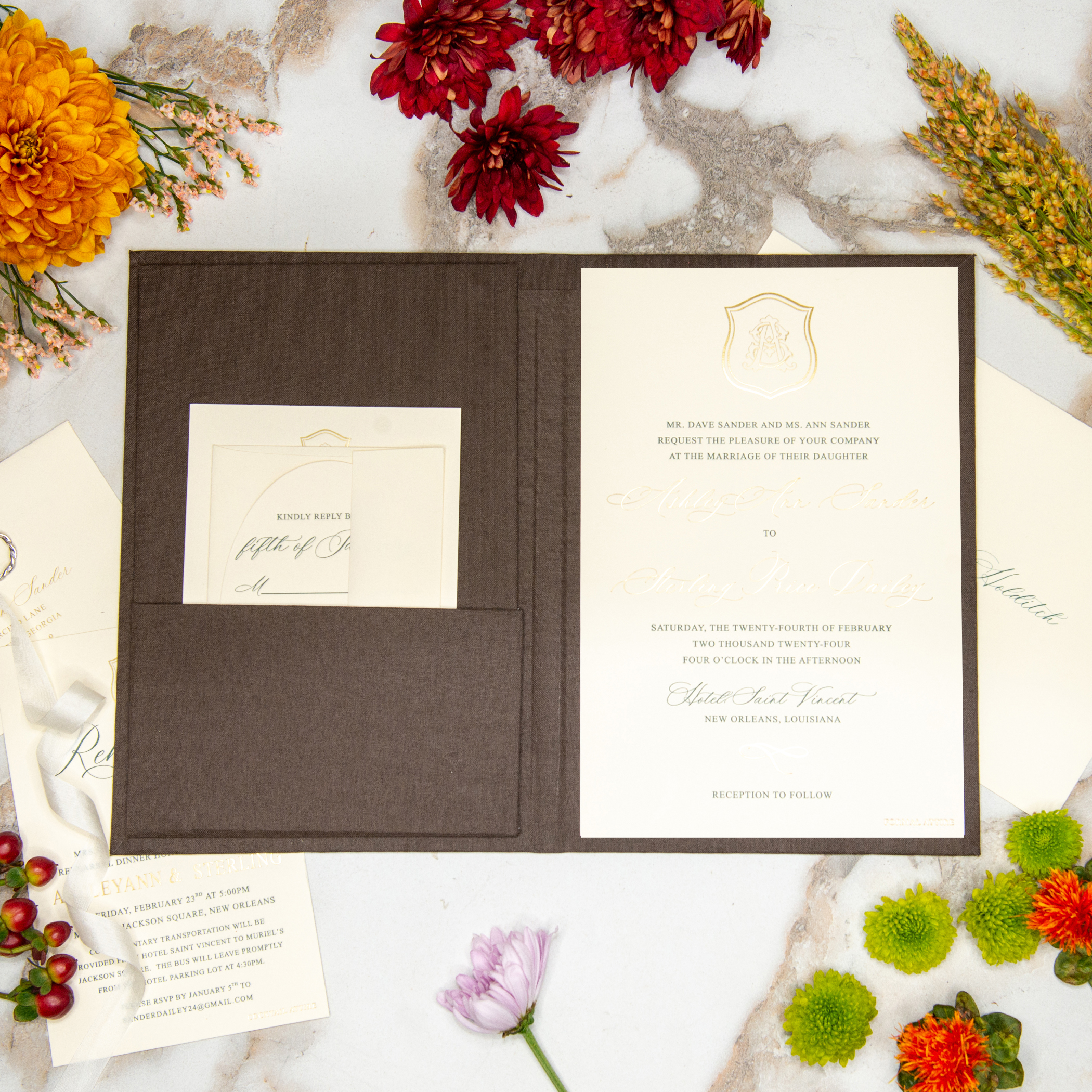 Linen Invitation Folio - Chocolate | Custom Size and Corner Pockets | Foil Imprinting with Logo or Text